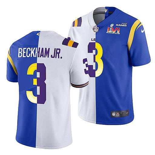 Men's White/Royal Los Angeles Rams X LSU Tigers #3 Odell Beckham Jr. Split Super Bowl LVI Stitched Jersey